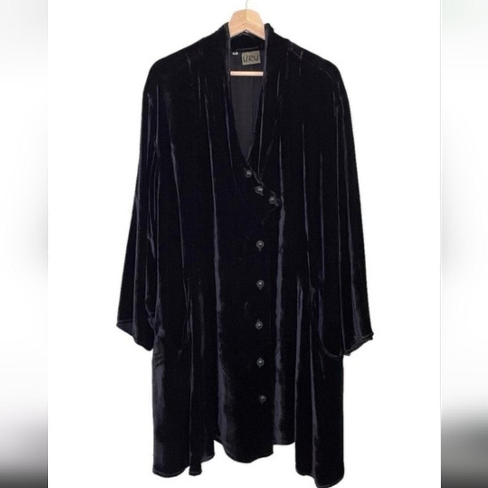 URU Vintage Velvet Travel Coat Draped Longline Button Front Jacket in Black XL